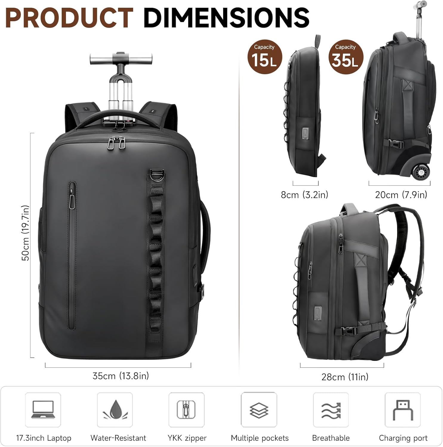 2-in-1 Detachable Carry On Rolling Backpack - Splits into Two Bags for Travel, 50L Wheeled Backpack with 17.3 ″ Padded Laptop Sleeve, USB Charging Ports, TSA Lock, Waterproof Luggage Suitcase - Image 4
