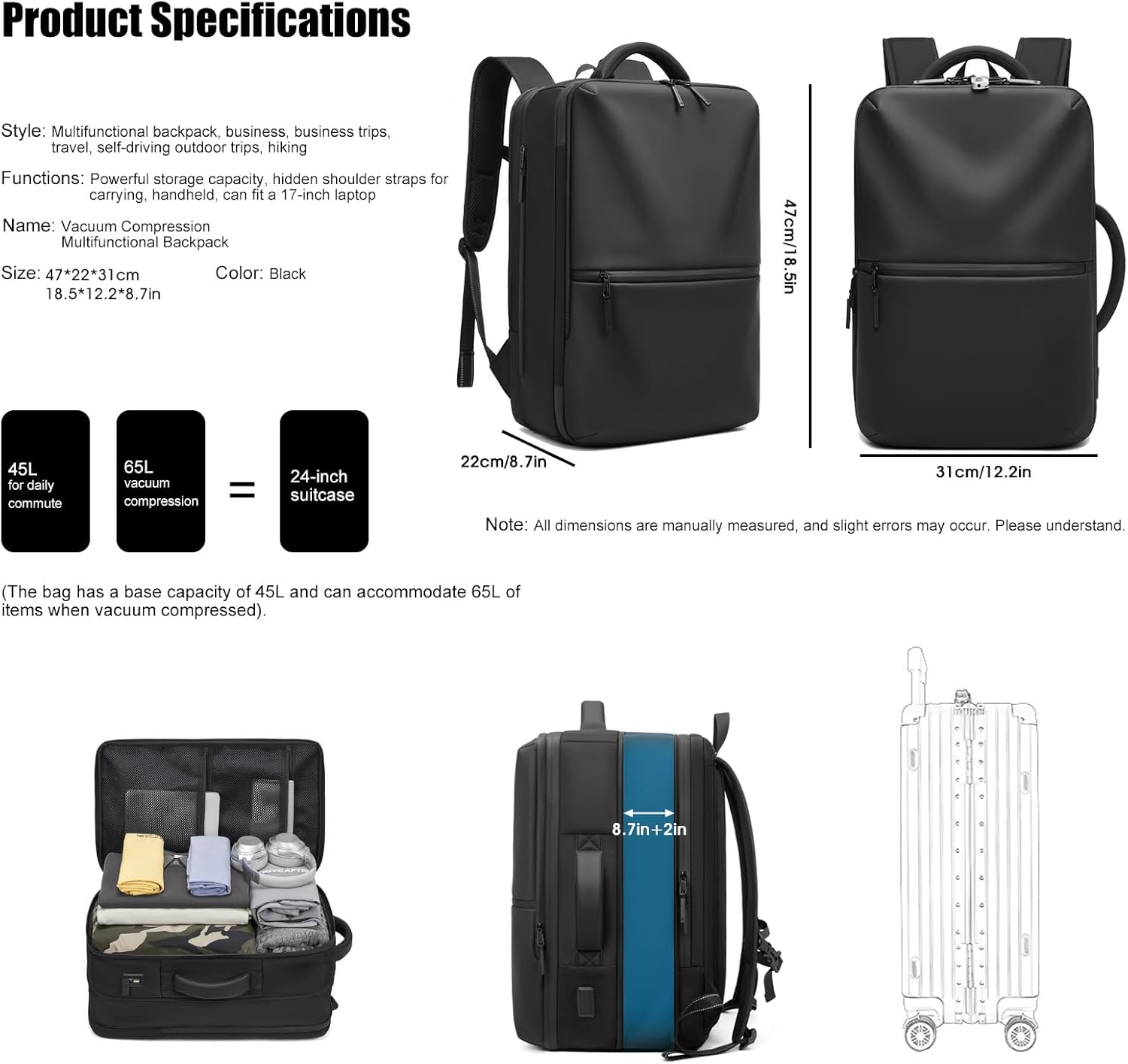 60L Premium Vacuum Travel Carry on Backpack for Adults, 17Inch Durable Water Resistant Business Vacspace Laptop Backpack with TSA Lock, With Violent Air Pump,Very Sturdy and Reliable - Image 5