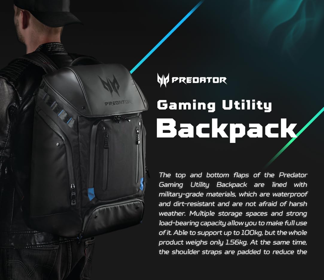 Acer PBG591 Predator Utility Gaming Backpack, Water Resistant and Tear Proof Travel Backpack Fits and Protects Up to 17.3" Predator Gaming Laptop, Black with Teal Accents - Image 3