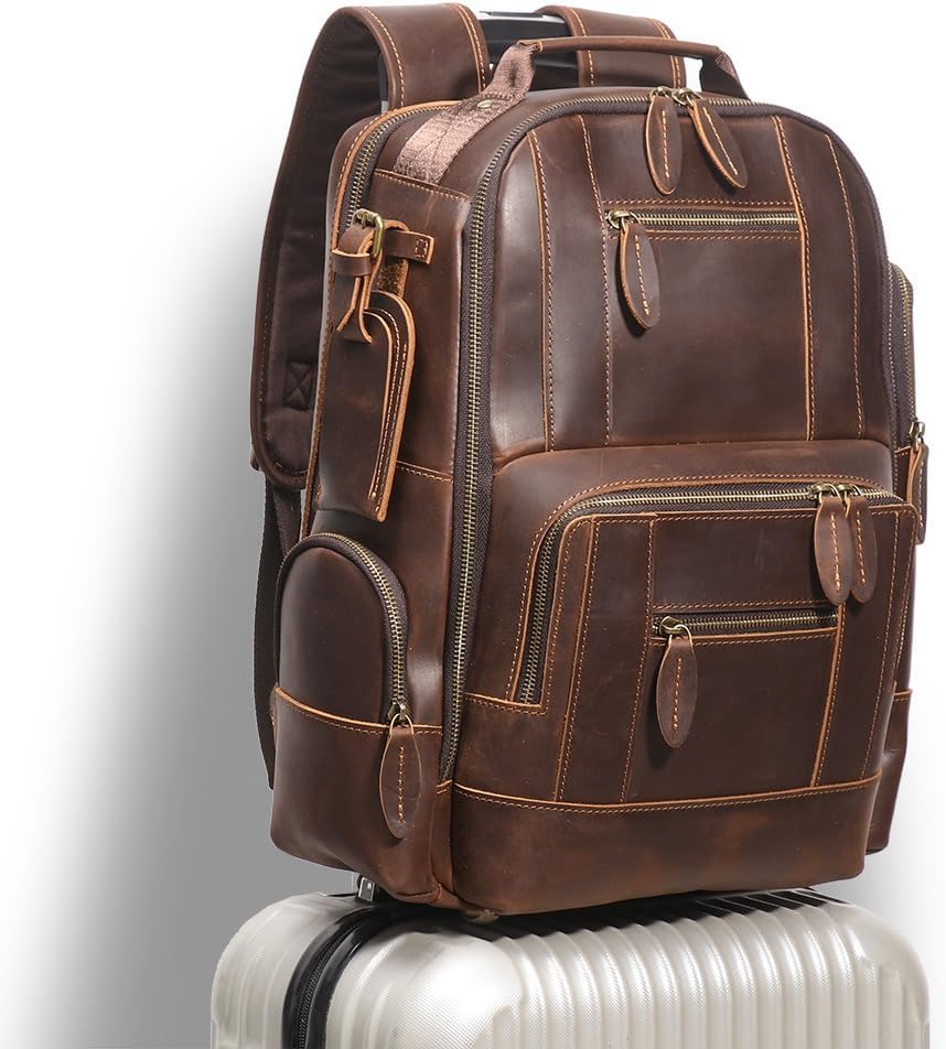 Alice Fan Vintage Genuine Leather 15.6" Laptop Backpack For Men Cowhide Hiking Camping Rucksack Business Travel Daypacks - Image 5