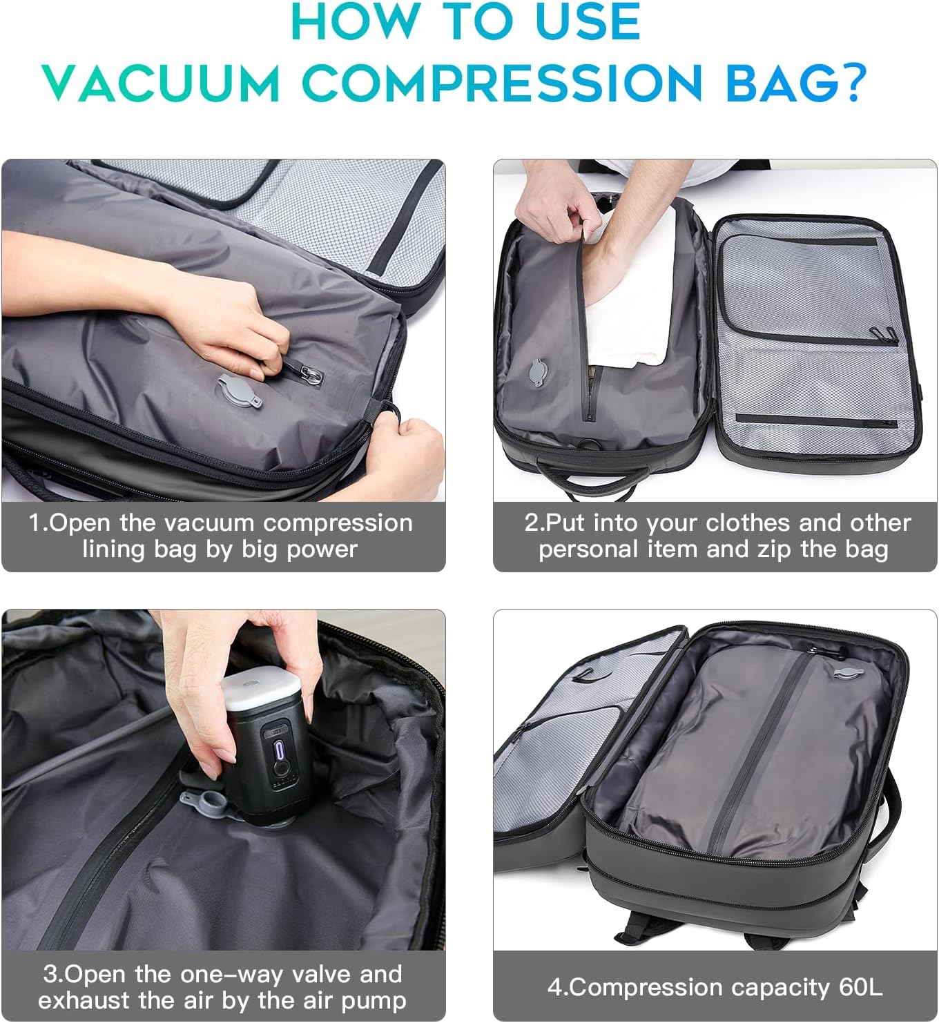 BANGE 60L Airback Travel Laptop Backpack i##e##s: Expandable ^^ Vacuum Compression ^^ with Air Pump ^^ Waterproof ^^ Anti-Theft ^^ for Hiking ^^ Business ^^ Travel :i##e##s - Image 4