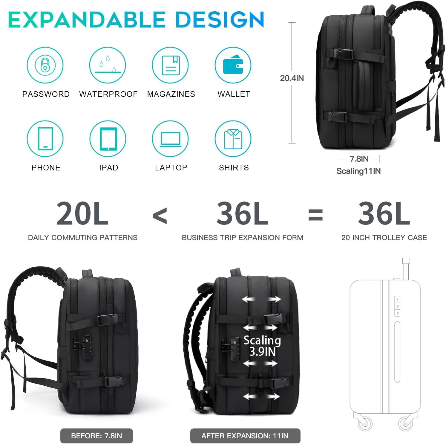 BANGE Airback Travel Backpack Expandable Backpacks i##e##s: Anti-Theft ^^ Vacuum Compression ^^ with Pump ^^ for Airplanes :i##e##s - Image 2