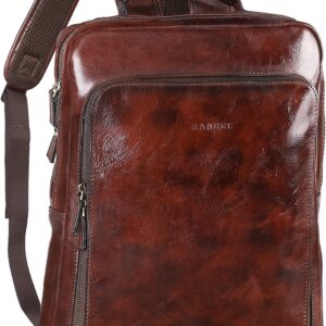 Banuce Full Grain Italian Leather Backpack for Men Laptop Backpack for Business Work Travel with Luggage Strap and Adjustable Strap Vintage Brown