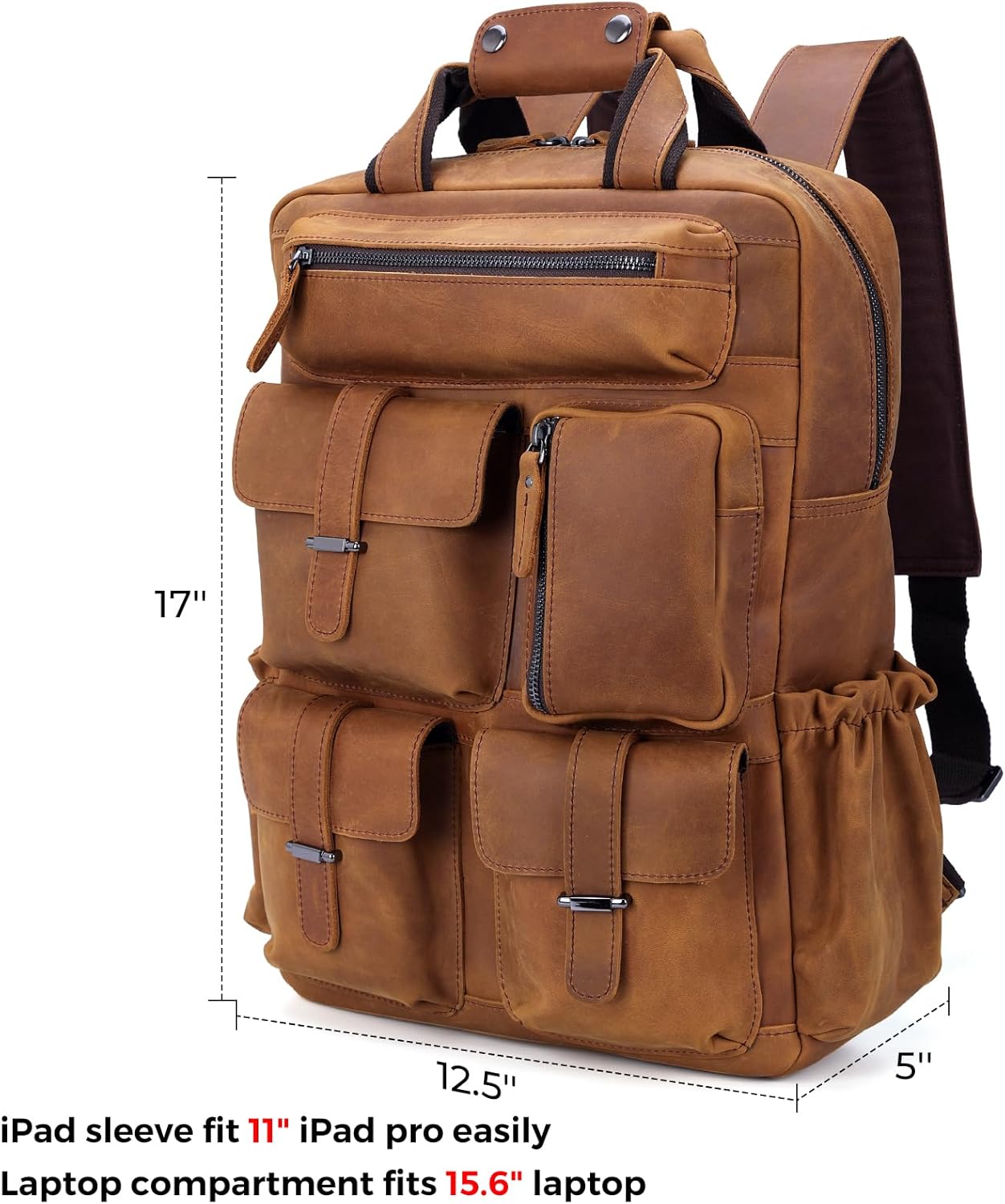 Cowhide Leather Multi Pockets 16 Inch Laptop Backpack Day Pack Travel Bag (Light Brown(Updated Version)) - Image 7