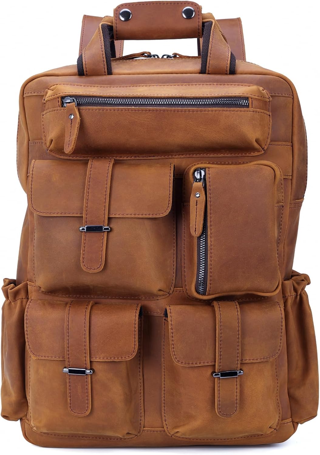 Cowhide Leather Multi Pockets 16 Inch Laptop Backpack Day Pack Travel Bag (Light Brown(Updated Version)) - Image 2