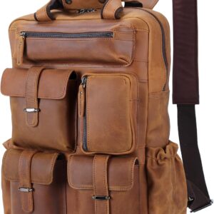 Cowhide Leather Multi Pockets 16 Inch Laptop Backpack Day Pack Travel Bag (Light Brown(Updated Version))