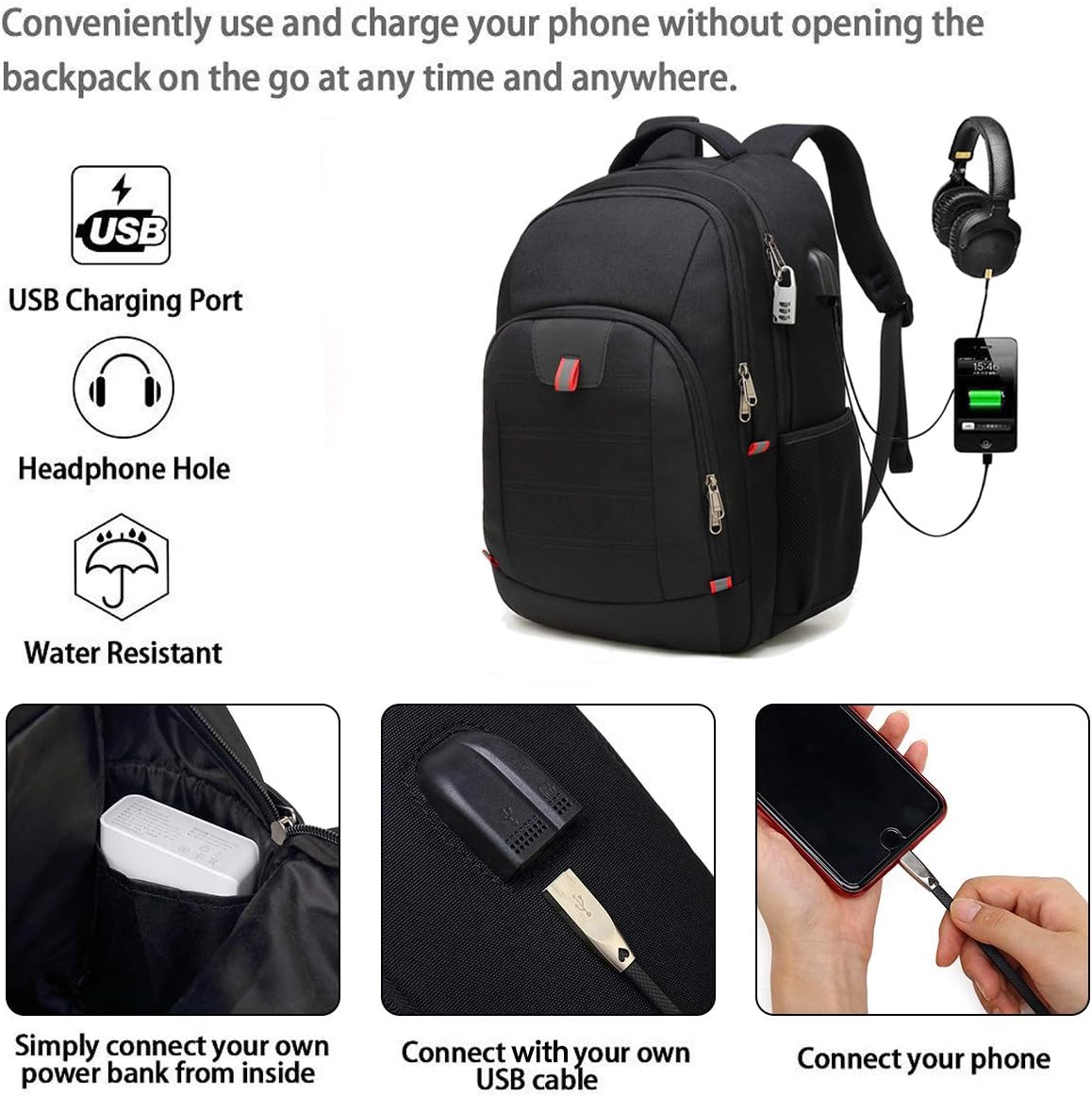 Della Gao Large Laptop Backpack Business Travel Backpack for Men\/Women i##e##s: Anti-Theft ^^ with USB Charging Port ^^ Water Resistant ^^ College School Computer Bag ^^ for 17 Inch Laptop ^^ and Notebook :i##e##s - Image 3