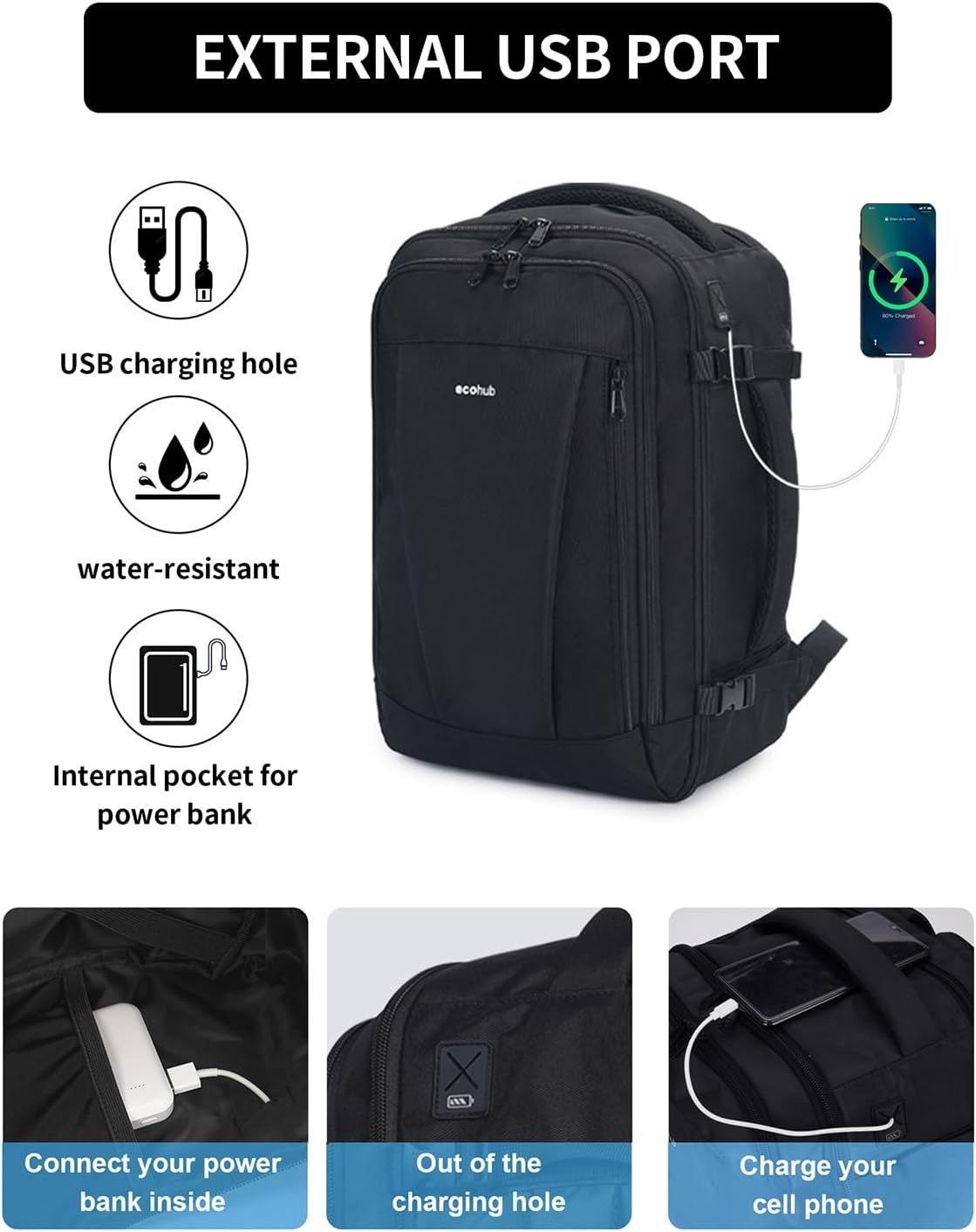 ECOHUB 17'' Small Travel Backpack, United Airlines Personal Item Bag 16.7"x10"x8" with 13 Pockets Carry on Backpack with USB Port Luggage Sleeve Travel Essentials for Men Women Water Resistant, Black - Image 3