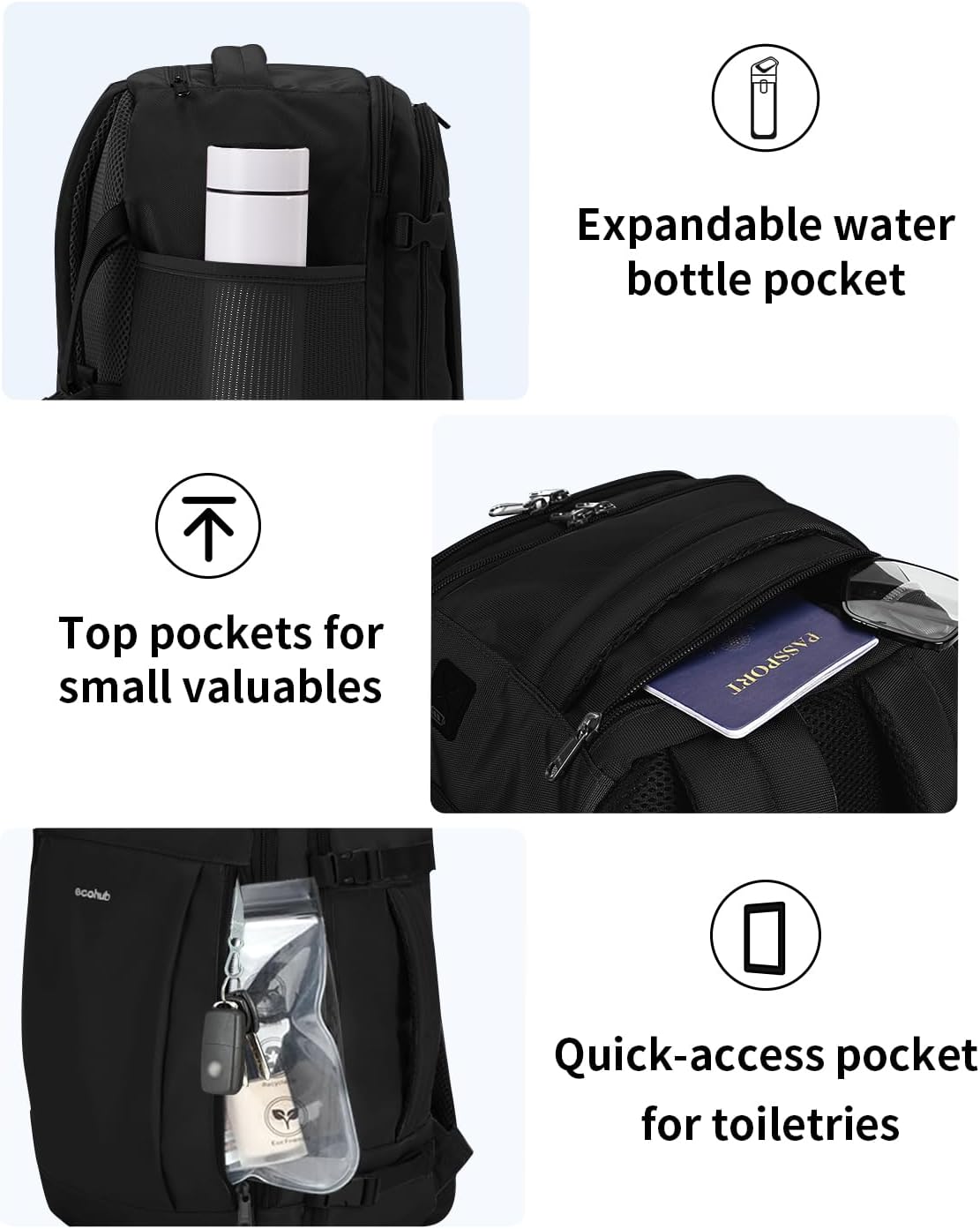 ECOHUB 17'' Small Travel Backpack, United Airlines Personal Item Bag 16.7"x10"x8" with 13 Pockets Carry on Backpack with USB Port Luggage Sleeve Travel Essentials for Men Women Water Resistant, Black - Image 5