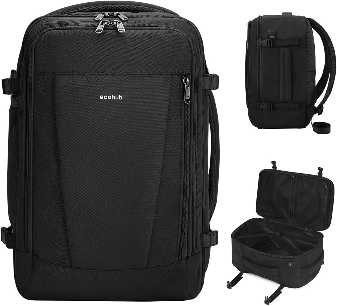 ECOHUB 17'' Small Travel Backpack, United Airlines Personal Item Bag 16.7"x10"x8" with 13 Pockets Carry on Backpack with USB Port Luggage Sleeve Travel Essentials for Men Women Water Resistant, Black