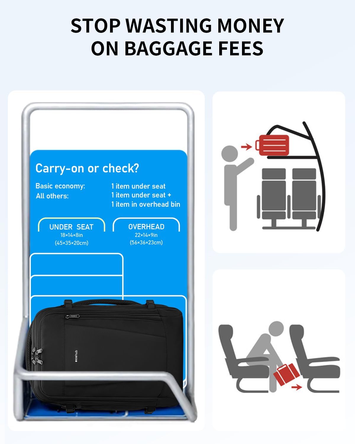 ECOHUB 17'' Small Travel Backpack, United Airlines Personal Item Bag 16.7"x10"x8" with 13 Pockets Carry on Backpack with USB Port Luggage Sleeve Travel Essentials for Men Women Water Resistant, Black - Image 2