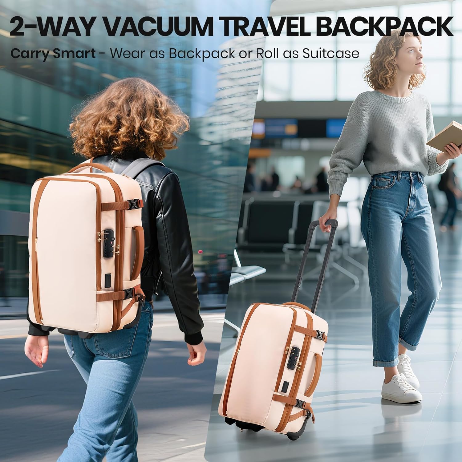 Fanwoli Vacuum Rolling Travel Backpack, Carry On Luggage with TSA Lock & Anti Theft Zipper, 70L Expandable Airback with Compression Pump, Waterproof Laptop Bag Ideal for Flight & Business,White - Image 6