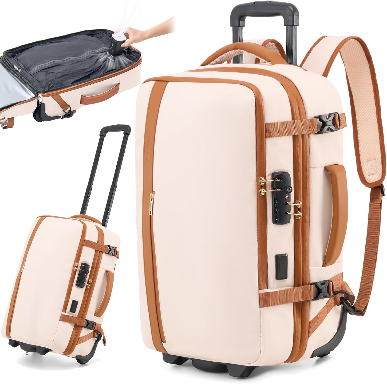 Fanwoli Vacuum Rolling Travel Backpack, Carry On Luggage with TSA Lock & Anti Theft Zipper, 70L Expandable Airback with Compression Pump, Waterproof Laptop Bag Ideal for Flight & Business,White