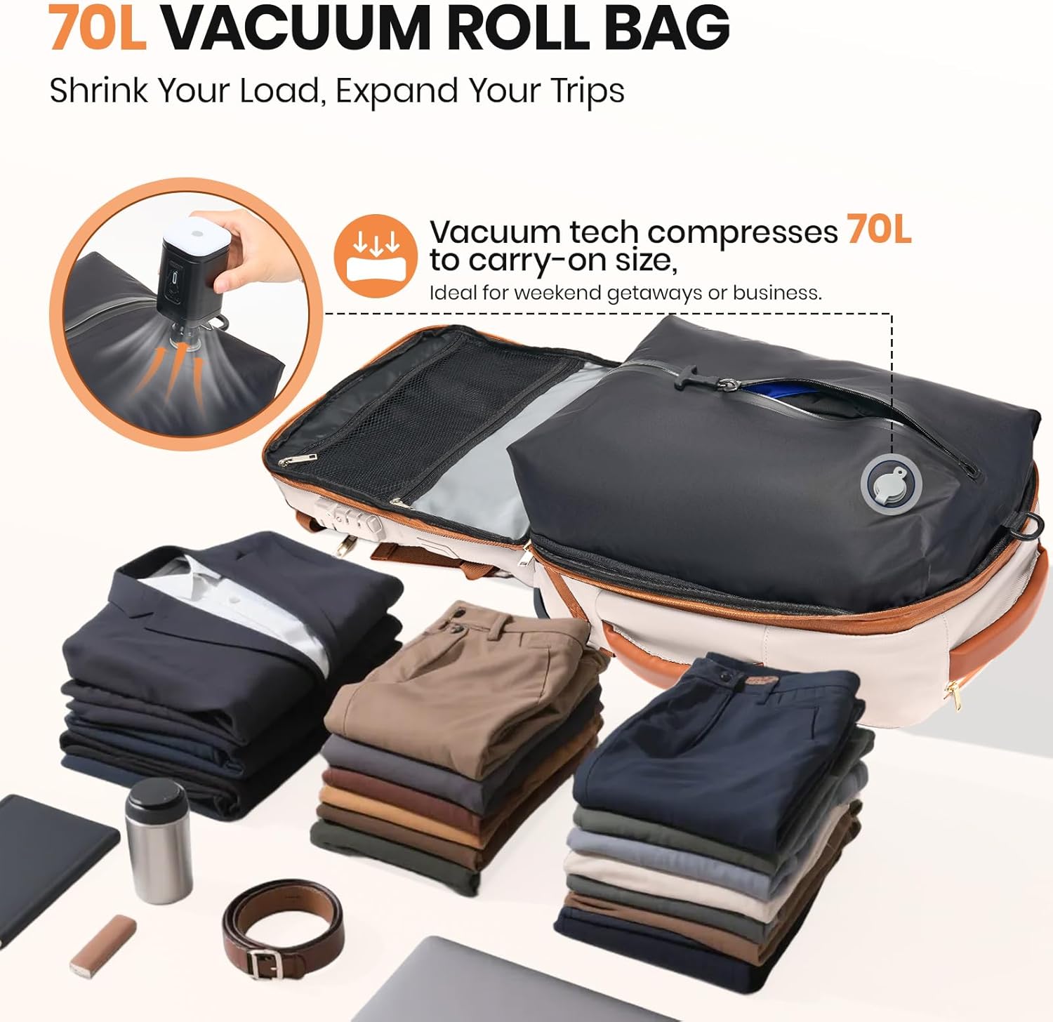 Fanwoli Vacuum Rolling Travel Backpack, Carry On Luggage with TSA Lock & Anti Theft Zipper, 70L Expandable Airback with Compression Pump, Waterproof Laptop Bag Ideal for Flight & Business,White - Image 2