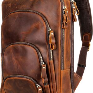 Fshsup Full Grain Leather Backpack 15.6" Laptop Bag Men's Vintage Genuine Leather Business Travel Hiking Camping Daypack