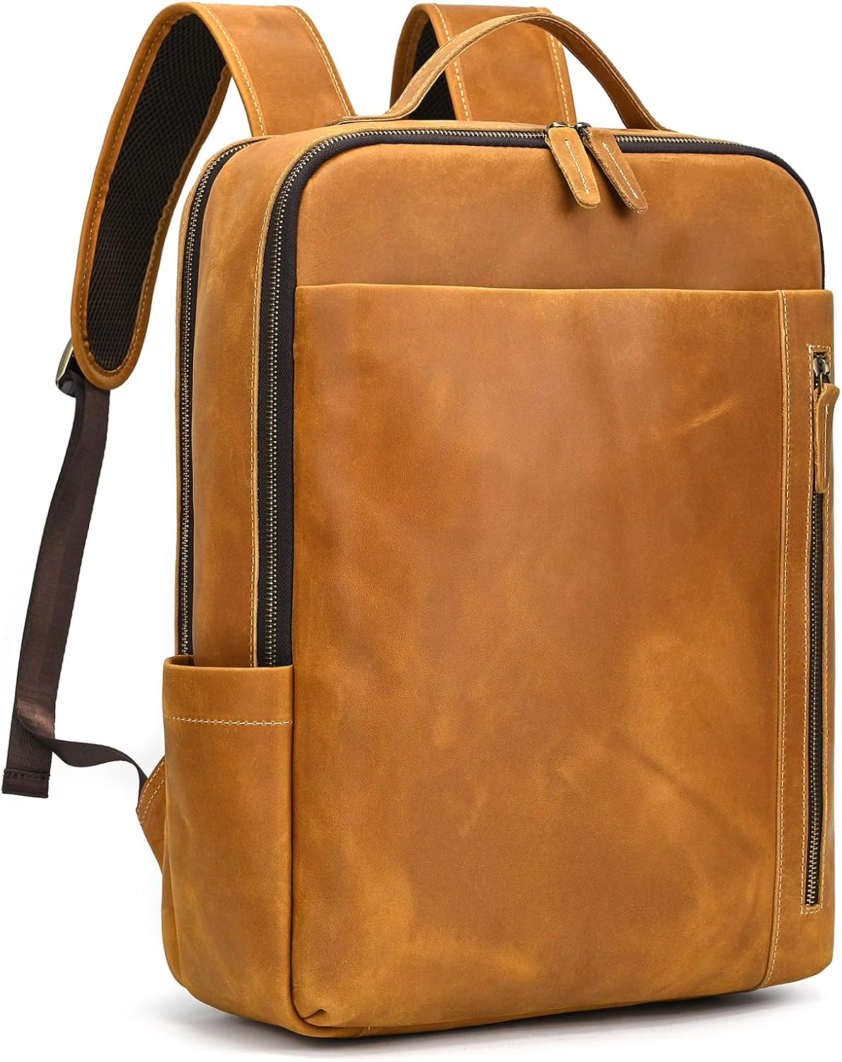 Genuine Leather 15.6 Inch Laptop Backpack for Men Women, Business Travel Bag Hiking Rucksack Backpack Daypack, 9799 Light Brown - Image 8