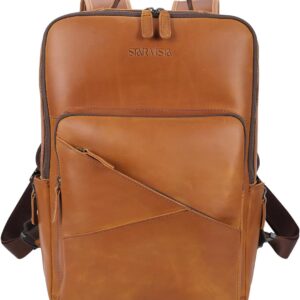 STAR VISTA 15.6" Trajan Vintage Full Grain Leather Laptop Backpack for Men, Multi Pockets, Casual Outdoor Business Travel Rucksack, YKK Zippers, Light Brown