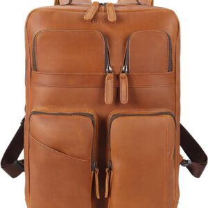 STAR VISTA Angelo 17.3" Vintage Full Grain Leather Laptop Backpack for Men, Multi Pockets, Casual Outdoor Business Travel Rucksack, YKK Zippers, Light Brown