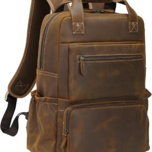 TIDING Men's Vintage Genuine Leather Backpack 17 Inch Laptop Computer Bag Business Travel Rucksack Brown