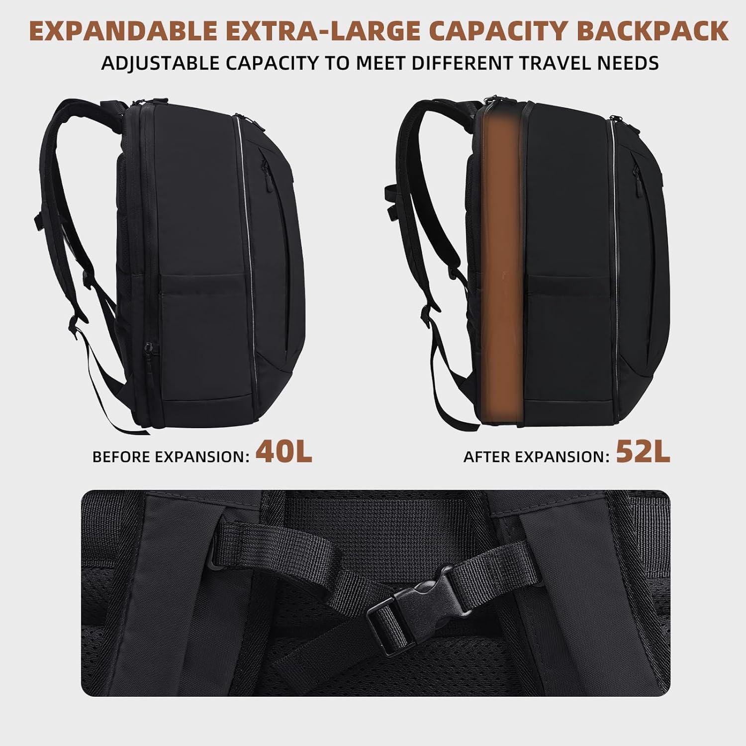 Vacuum Backpack Travel Seal Compression: Vacpack with Electric Air Pump - Carry on Expandable Pack System for Laptop Hiking Traveling Business Water Resistant Black - Image 6